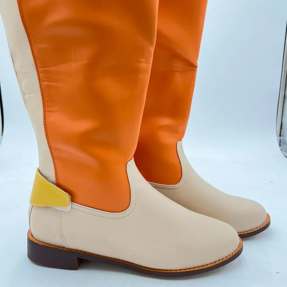 Orange Multicolor Knee High Boots Chunky Heel Round Toe Back Zipper Booties